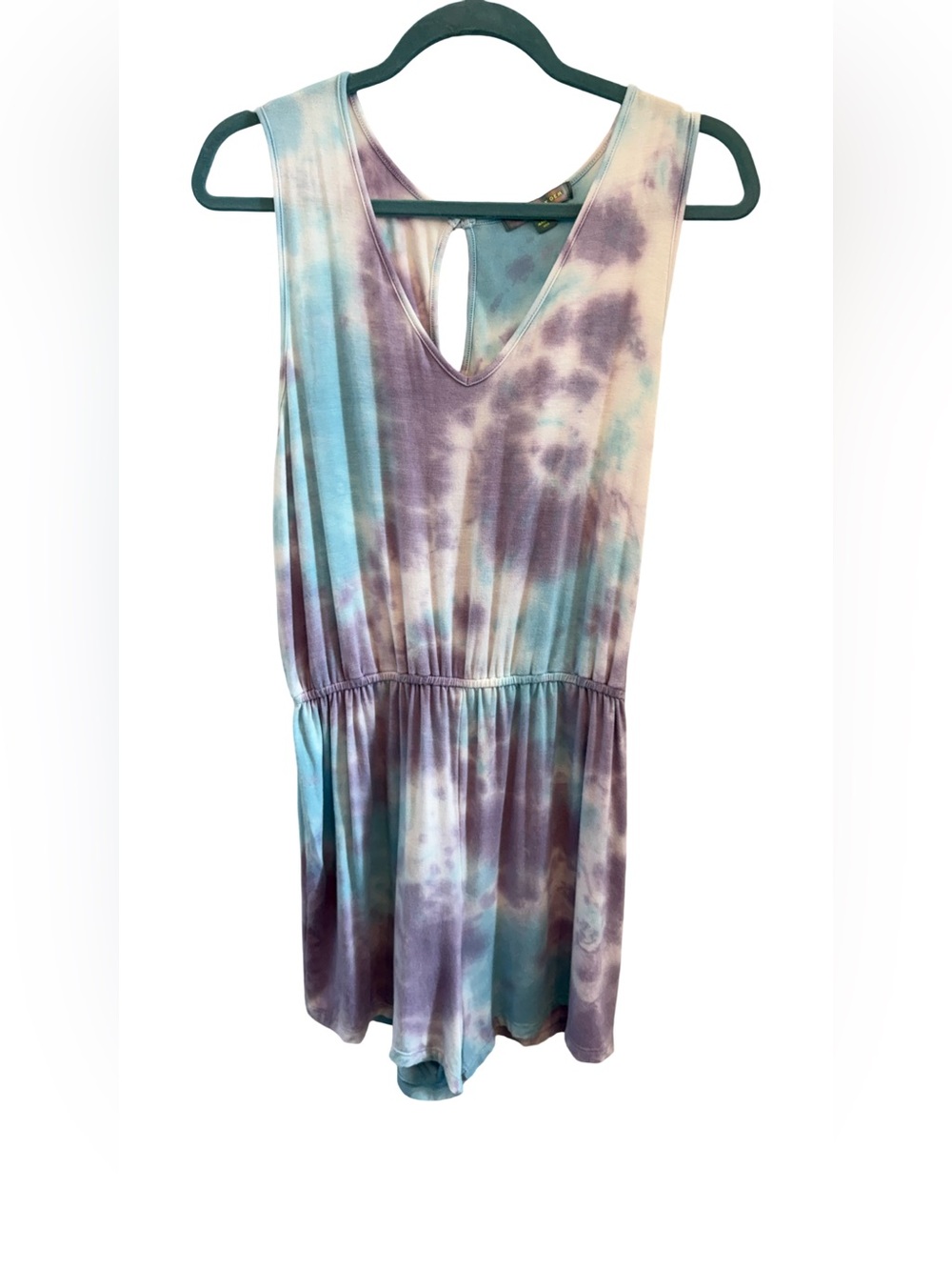 Good Luck Gem Tie Dye Romper Medium Pastel Blue Purple Sleeveless V Neck Rayon